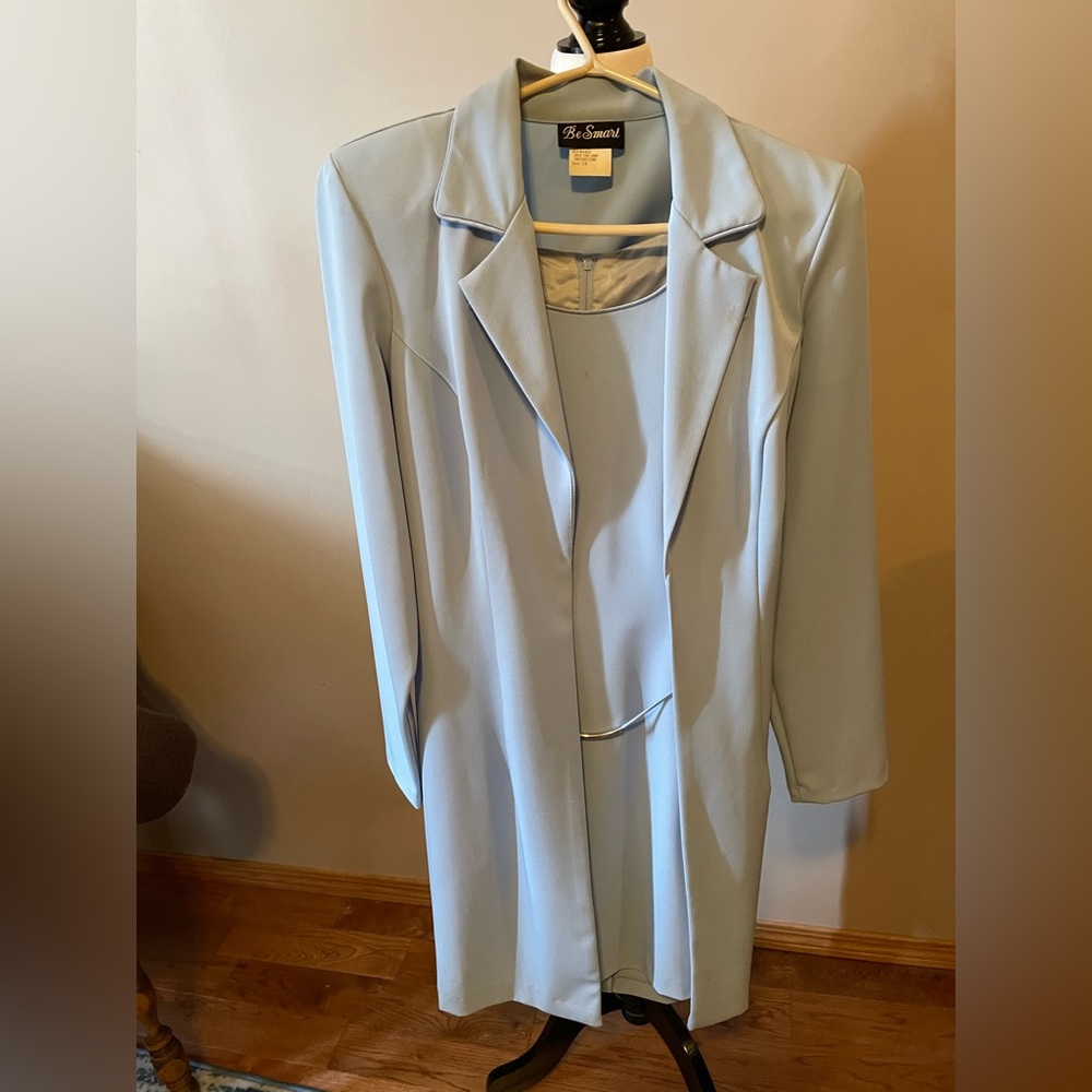 Baby blue shift dress with gold self belt detail and matching jacket